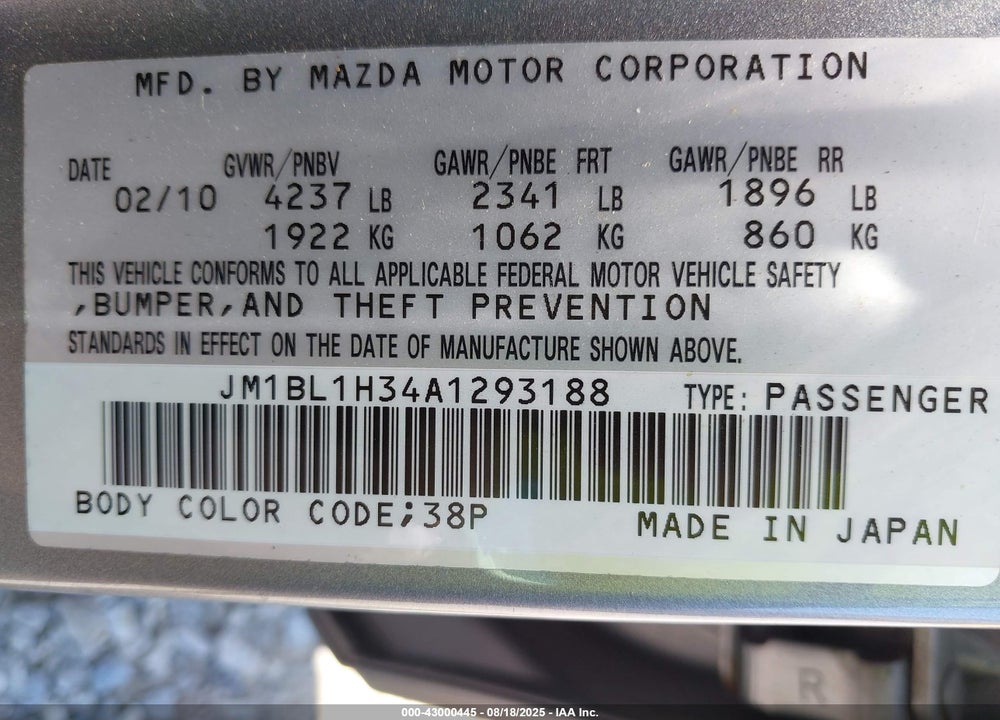 2010 MAZDA 3 VIN: JM1BL1H34A1293188