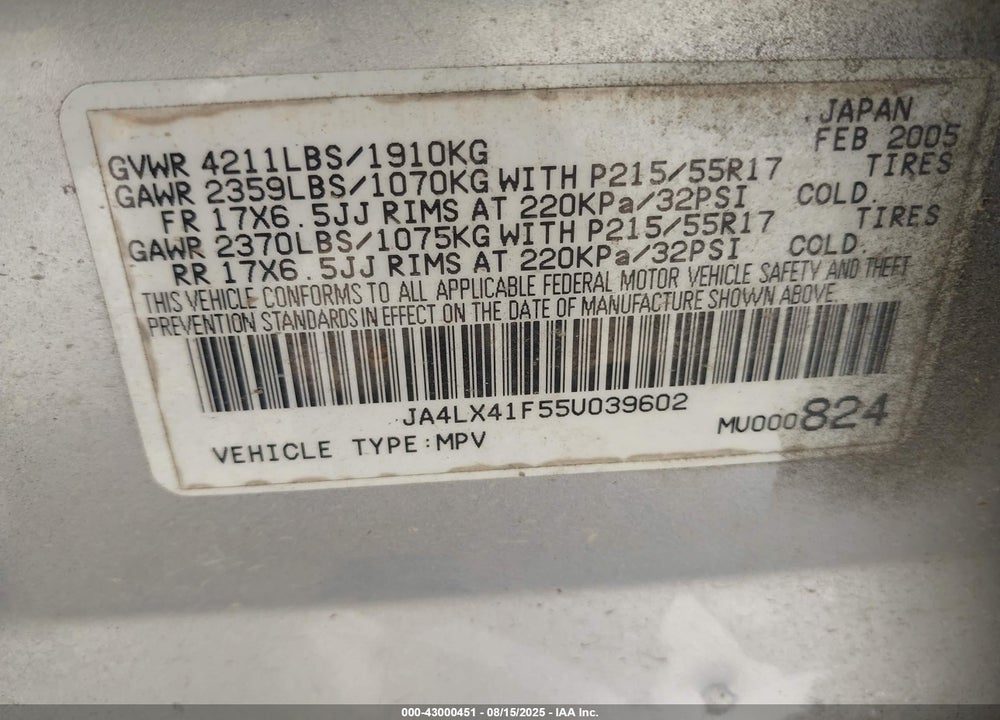 2005 MITSUBISHI OUTLANDER XLS VIN: JA4LX41F55U039602