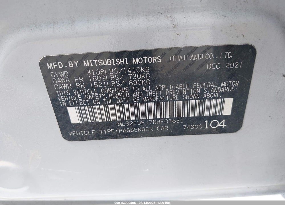 2022 MITSUBISHI MIRAGE VIN: ML32FUFJ7NHF03831