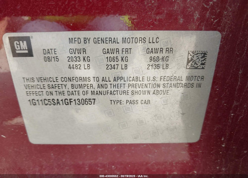 2016 CHEVROLET MALIBU LIMITED VIN: 1G11C5SA1GF130657