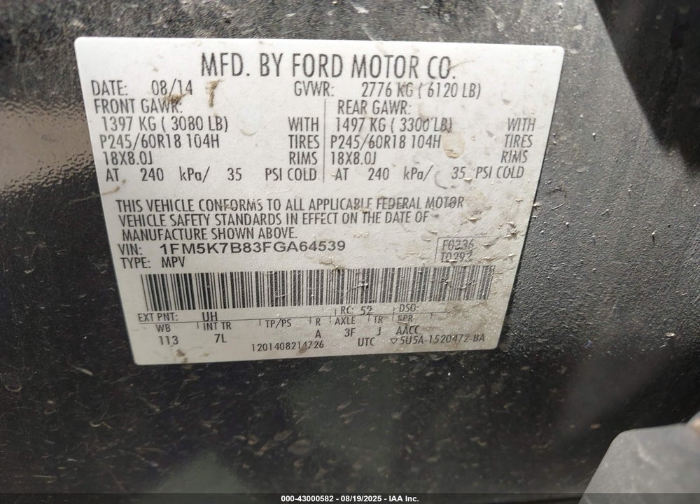 2015 FORD EXPLORER VIN: 1FM5K7B83FGA64539