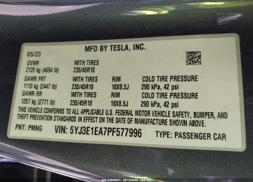 2023 TESLA MODEL 3 VIN: 5YJ3E1EA7PF577996