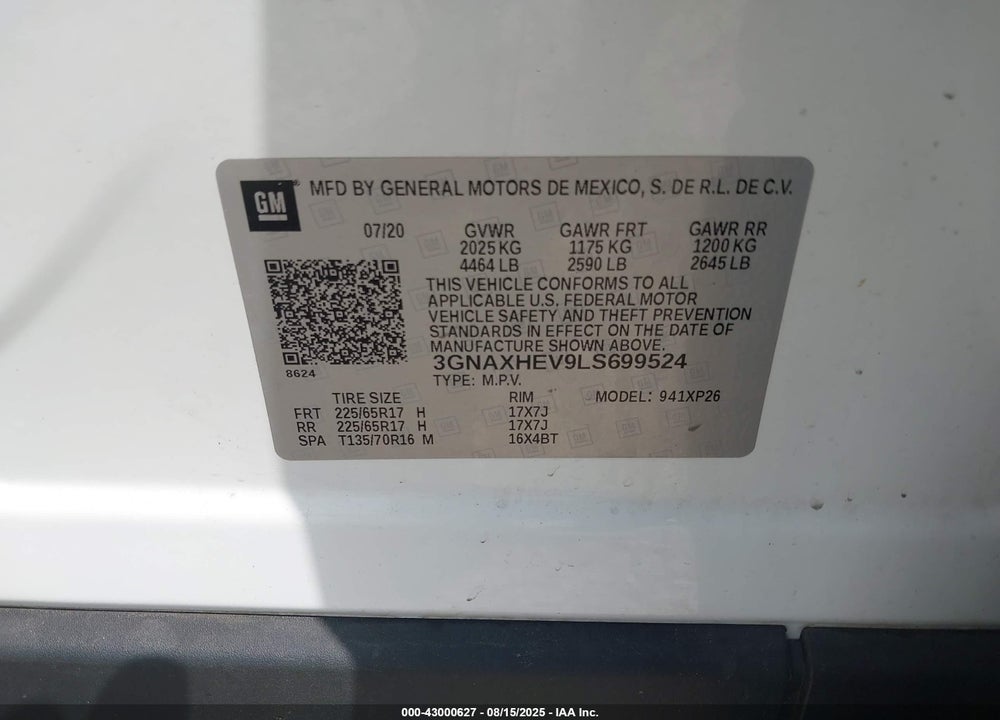 2020 CHEVROLET EQUINOX VIN: 3GNAXHEV9LS699524