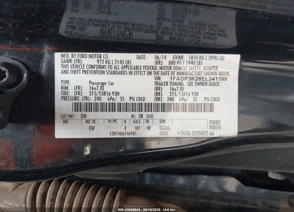 2014 FORD FOCUS VIN: 1FADP3K28EL341199