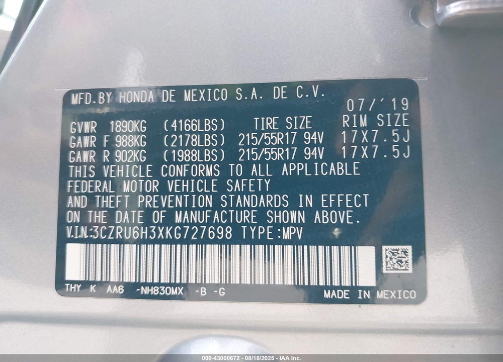 2019 HONDA HR-V LX VIN: 3CZRU6H3XKG727698