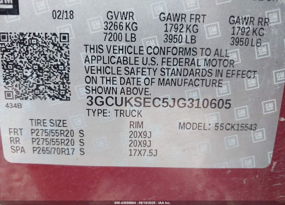 2018 CHEVROLET SILVERADO 1500 VIN: 3GCUKSEC5JG310605