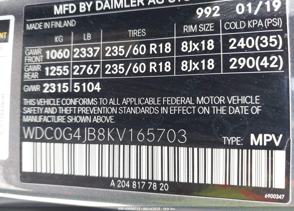 2019 MERCEDES-BENZ GLC CLASS VIN: WDC0G4JB8KV165703