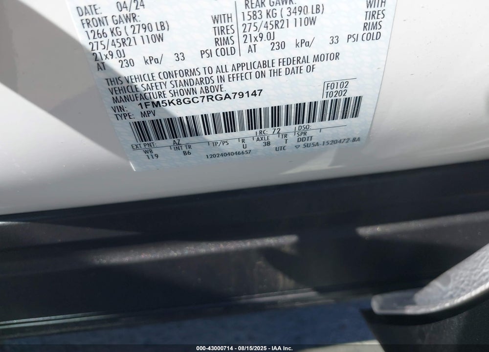 2024 FORD EXPLORER ST VIN: 1FM5K8GC7RGA79147