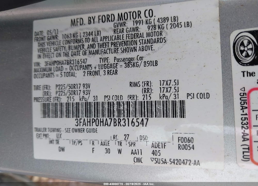 2011 FORD FUSION VIN: 3FAHP0HA7BR316547