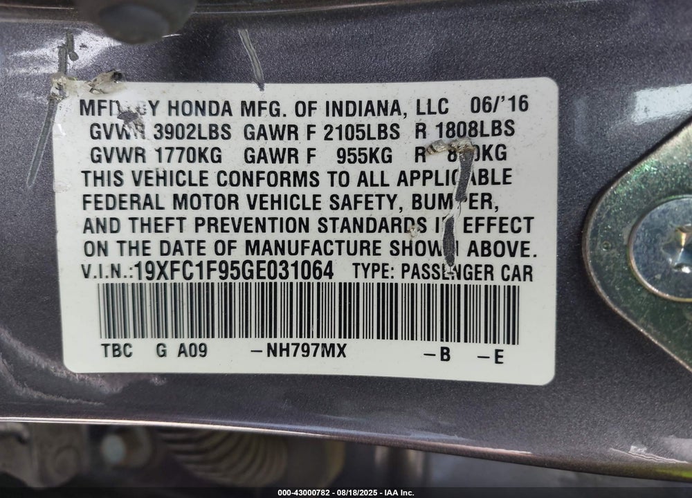 2016 HONDA CIVIC TOURING VIN: 19XFC1F95GE031064