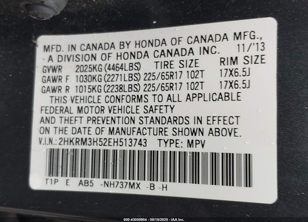 2014 HONDA CR-V VIN: 2HKRM3H52EH513743