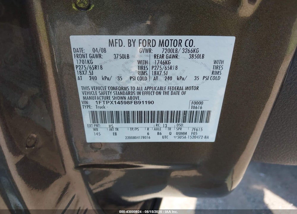 2008 FORD F-150 FX4/LARIAT/XL/XLT VIN: 1FTPX14598FB91190