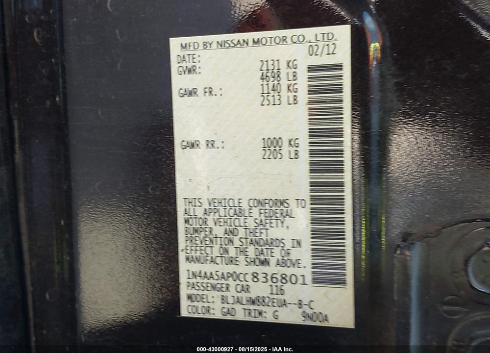 2012 NISSAN MAXIMA VIN: 1N4AA5AP0CC836801