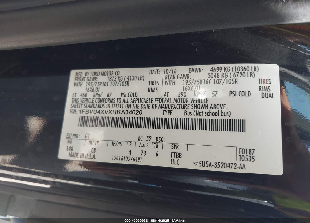 2017 FORD TRANSIT-350 XLT VIN: 1FBVU4XVXHKA34020