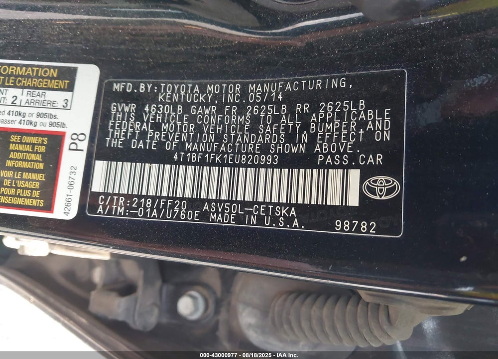 2014 TOYOTA CAMRY VIN: 4T1BF1FK1EU820993