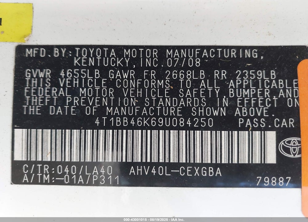2009 TOYOTA CAMRY VIN: 4T1BB46K69U084250