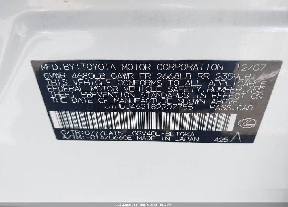 2008 LEXUS ES 350 VIN: JTHBJ46G182207755
