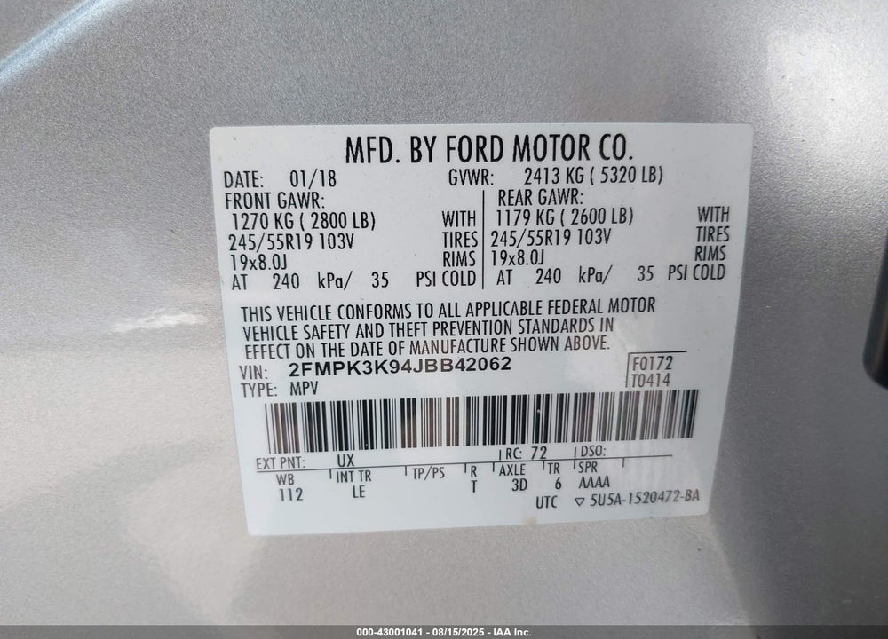 2018 FORD EDGE TITANIUM VIN: 2FMPK3K94JBB42062