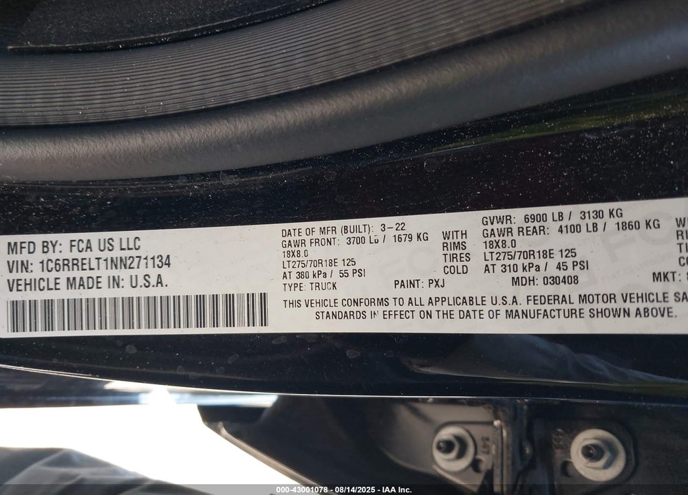 2022 RAM 1500 VIN: 1C6RRELT1NN271134
