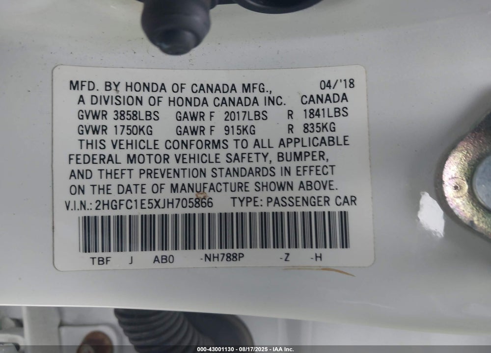 2018 HONDA CIVIC VIN: 2HGFC1E5XJH705866