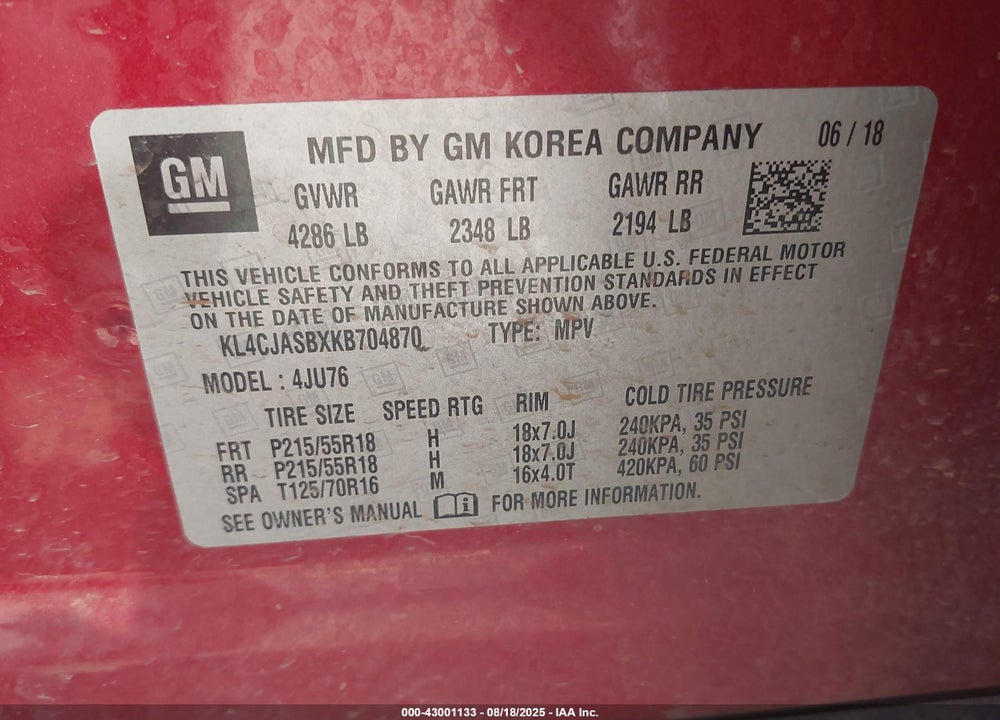 2019 BUICK ENCORE FWD PREFERRED VIN: KL4CJASBXKB704870