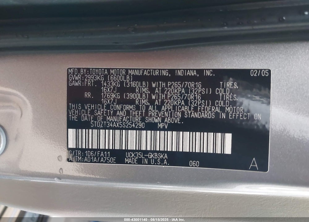 2005 TOYOTA SEQUOIA SR5 V8 VIN: 5TDZT34AX5S254290
