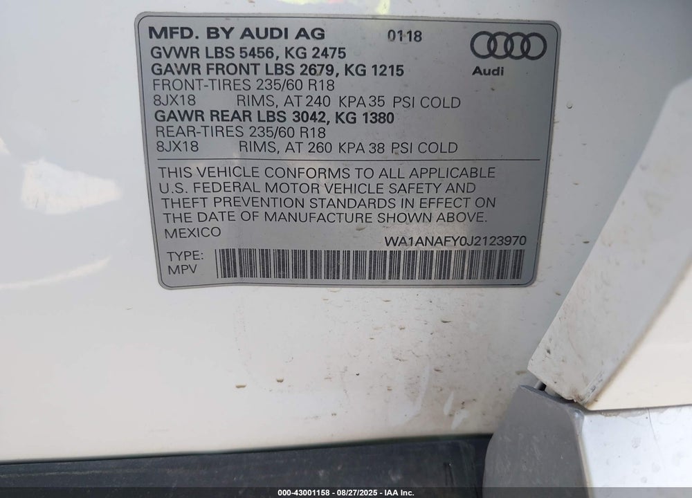2018 AUDI Q5 VIN: WA1ANAFY0J2123970