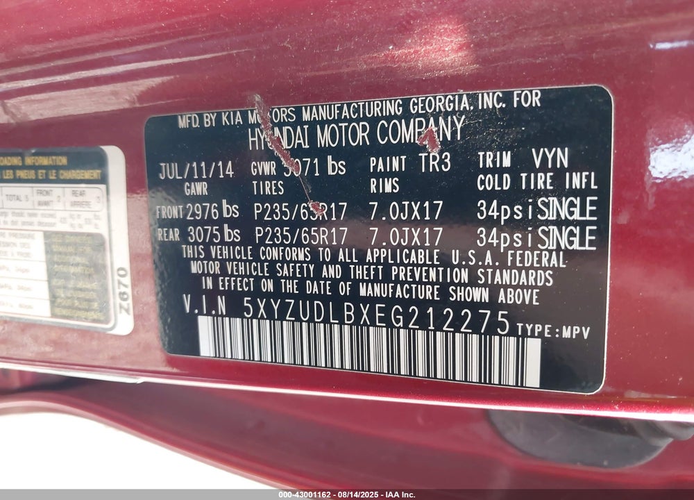 2014 HYUNDAI SANTA FE VIN: 5XYZUDLBXEG212275