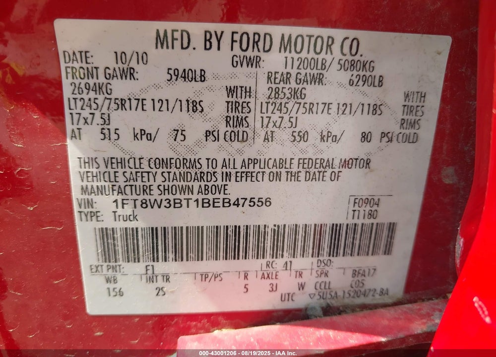 2011 FORD F-350 XLT VIN: 1FT8W3BT1BEB47556