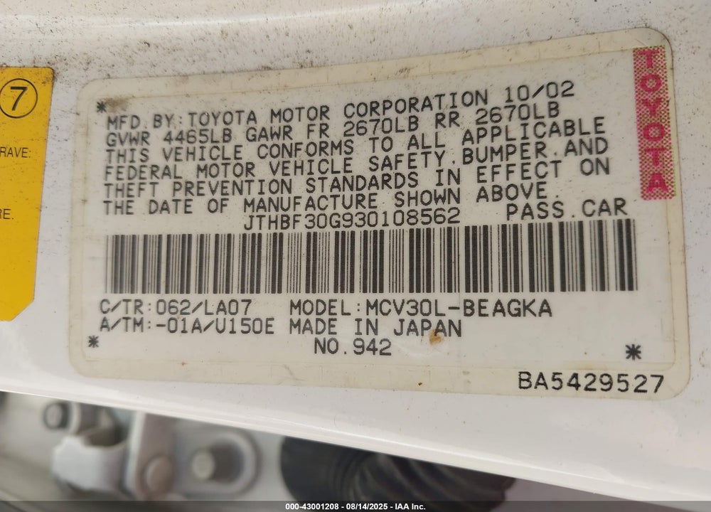 2003 LEXUS ES 300 VIN: JTHBF30G930108562
