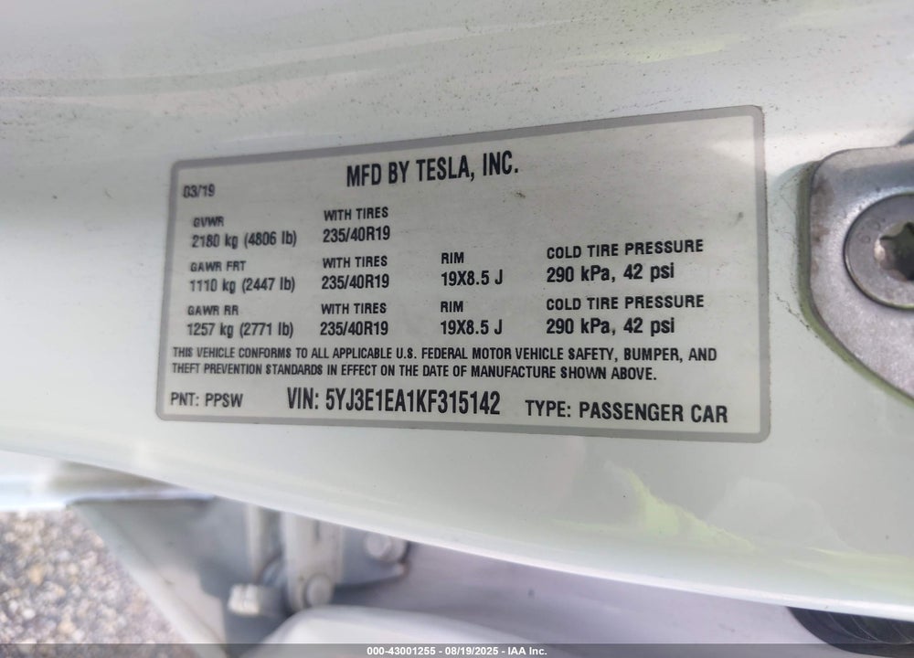 2019 TESLA MODEL 3 LONG RANGE/MID RANGE/STANDARD RANGE/STANDARD RANGE PLUS VIN: 5YJ3E1EA1KF315142