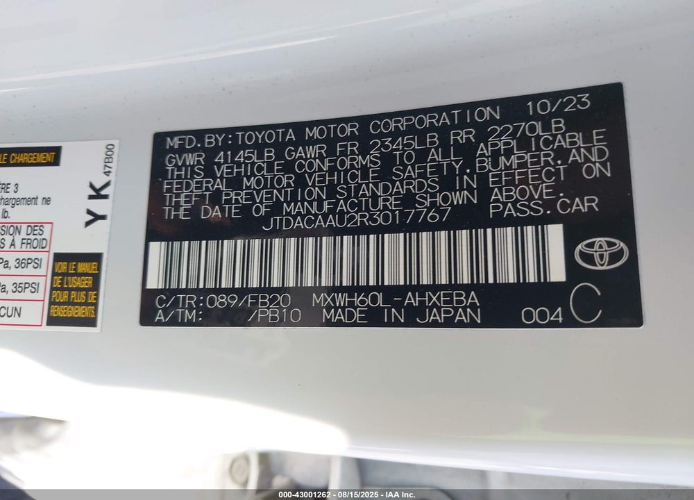 2024 TOYOTA PRIUS VIN: JTDACAAU2R3017767