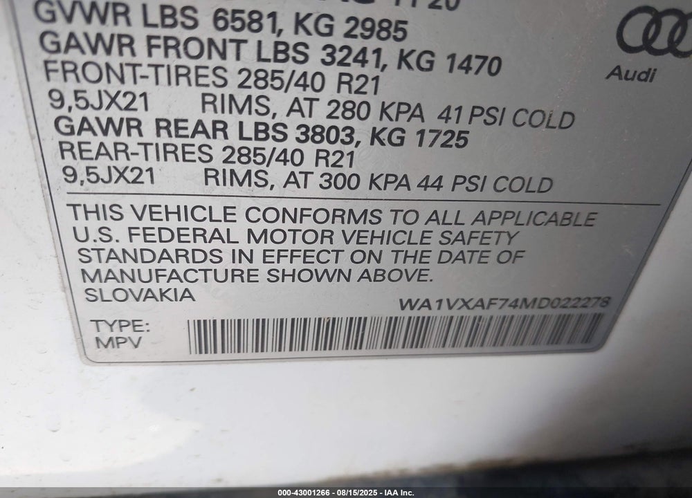 2021 AUDI Q7 PRESTIGE 55 TFSI QUATTRO TIPTRONIC VIN: WA1VXAF74MD022278