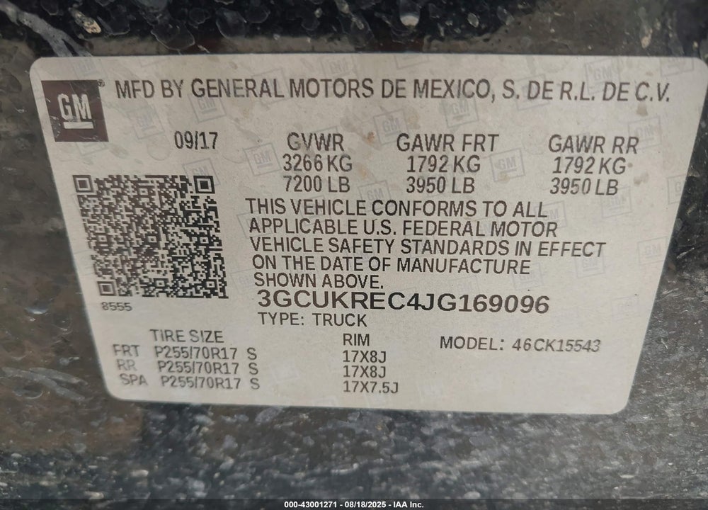 2018 CHEVROLET SILVERADO 1500 1LT VIN: 3GCUKREC4JG169096