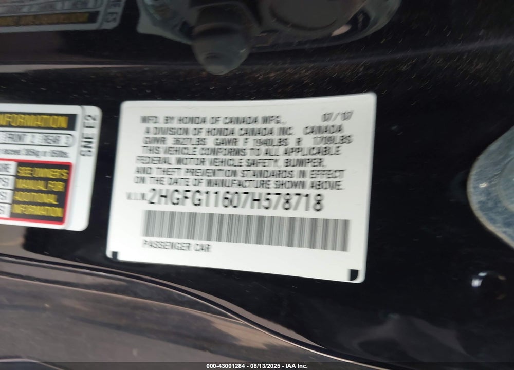 2007 HONDA CIVIC LX VIN: 2HGFG11607H578718