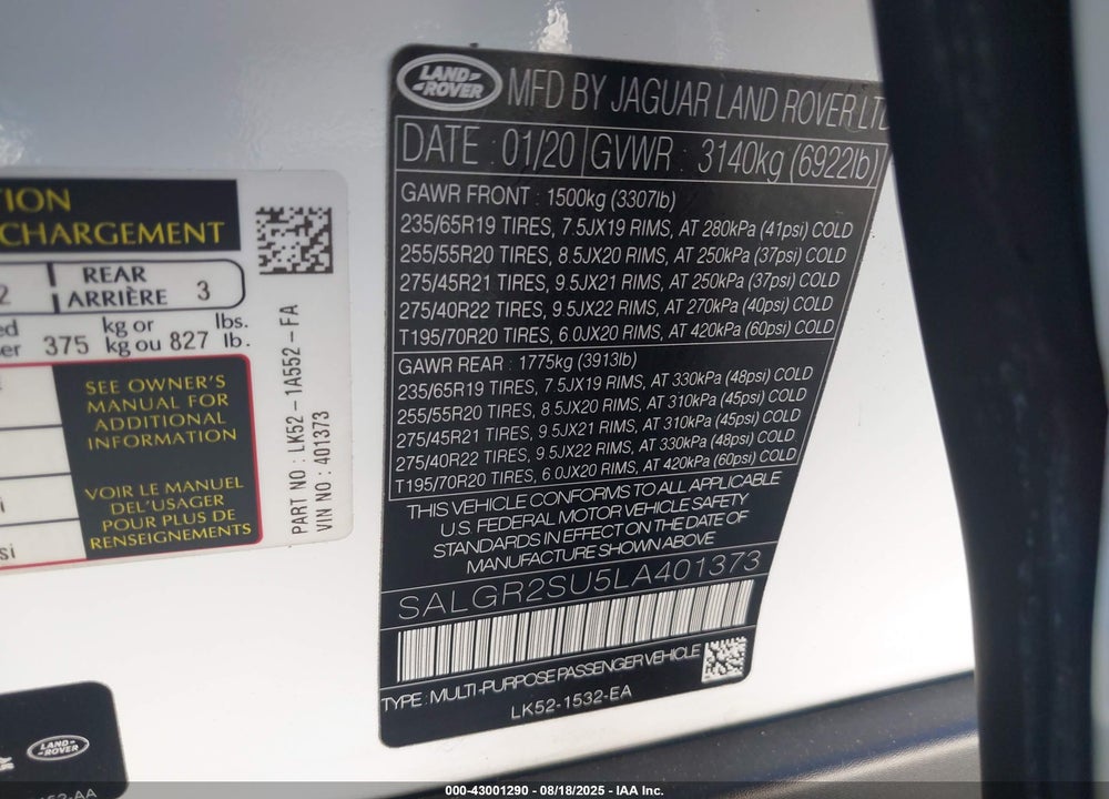 2020 LAND ROVER RANGE ROVER VIN: SALGR2SU5LA401373