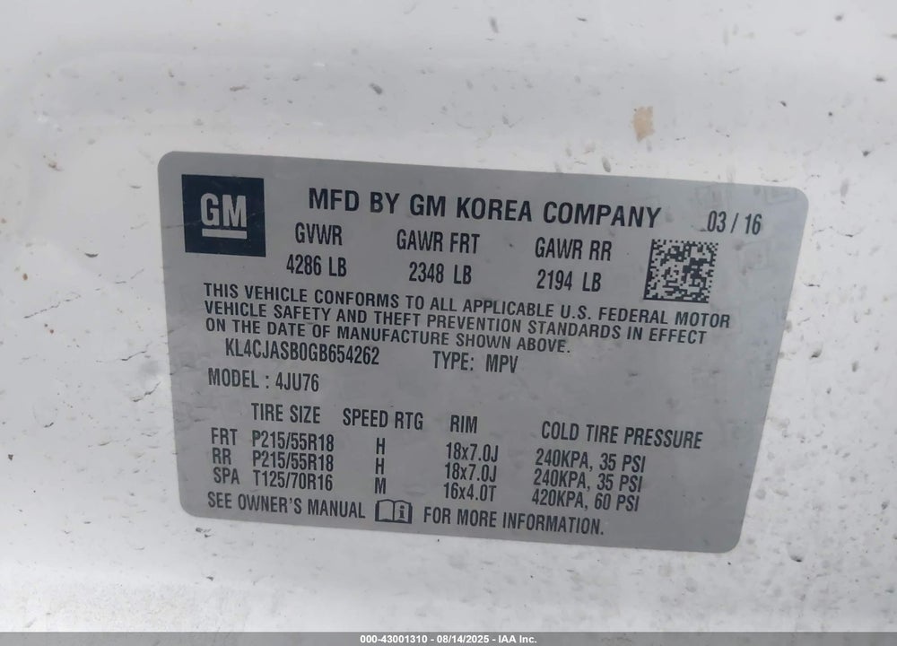 2016 BUICK ENCORE VIN: KL4CJASB0GB654262