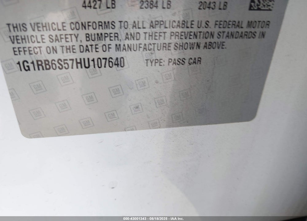 2017 CHEVROLET VOLT PREMIER VIN: 1G1RB6S57HU107640