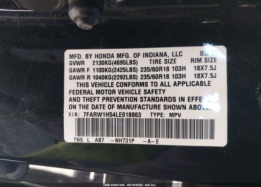 2020 HONDA CR-V 2WD EX VIN: 7FARW1H54LE018863