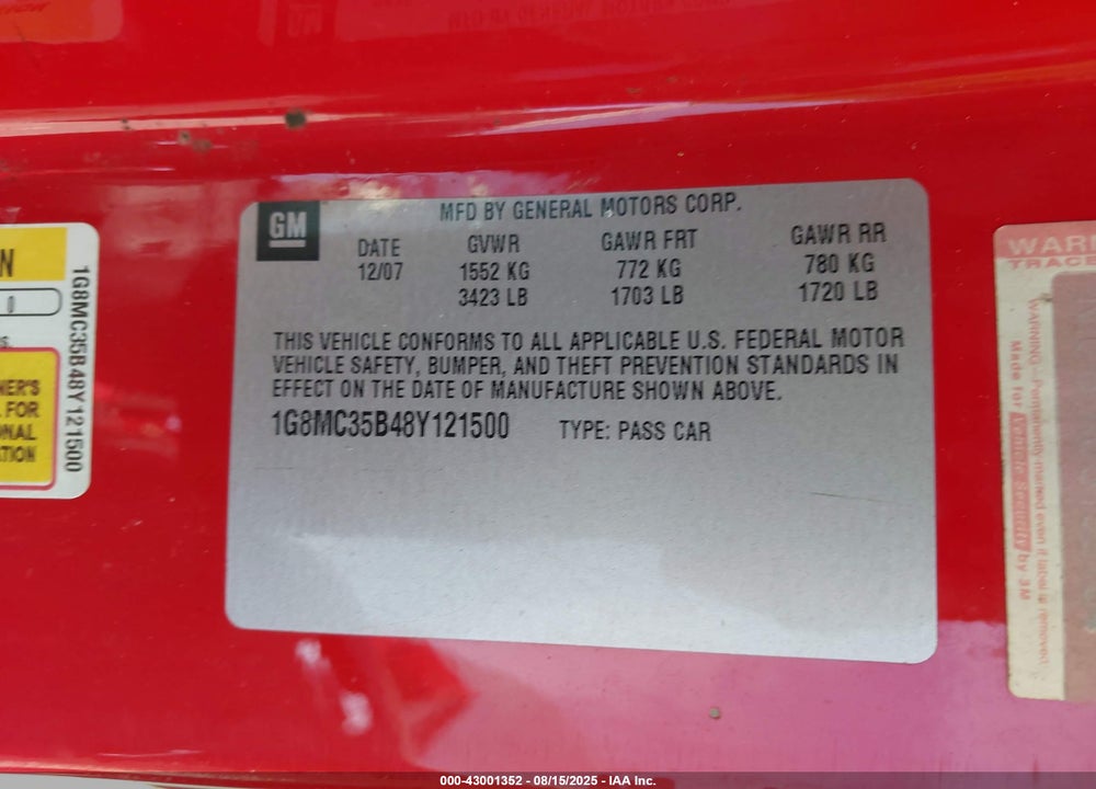 2008 SATURN SKY VIN: 1G8MC35B48Y121500