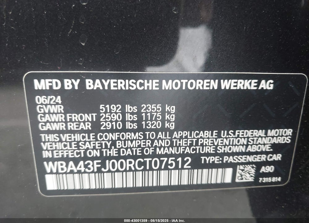 2024 BMW 5 SERIES VIN: WBA43FJ00RCT07512