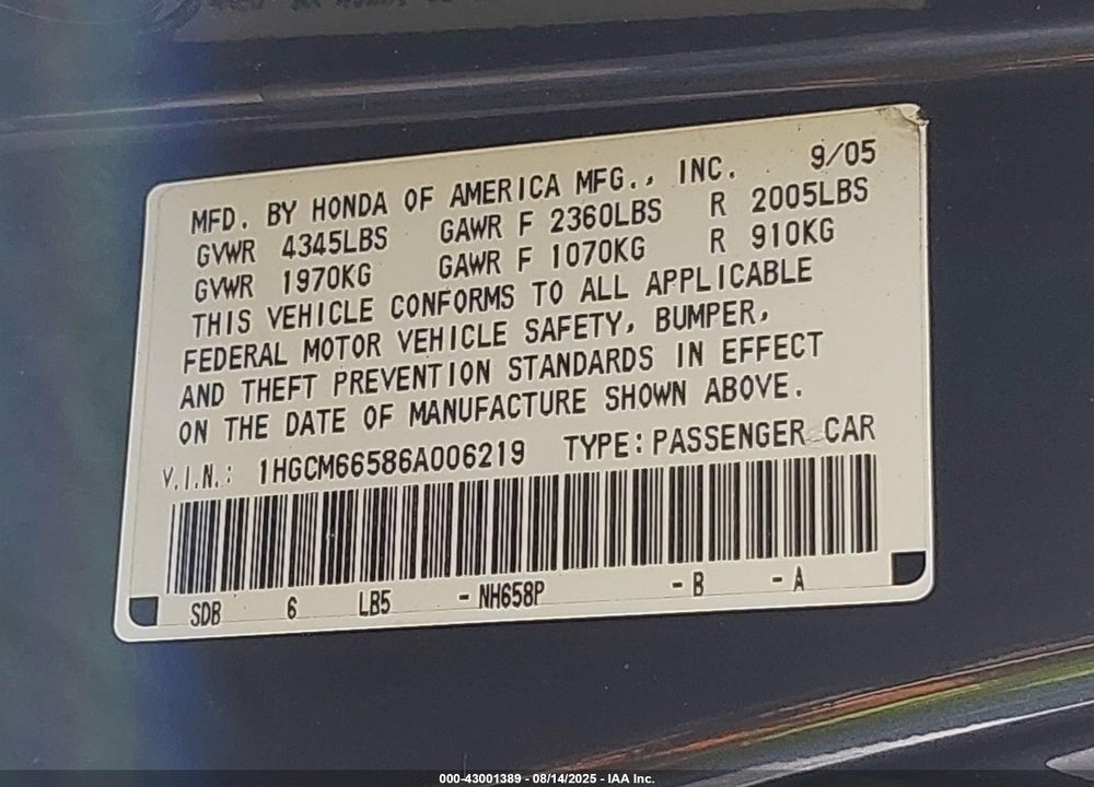 2006 HONDA ACCORD 3.0 EX VIN: 1HGCM66586A006219