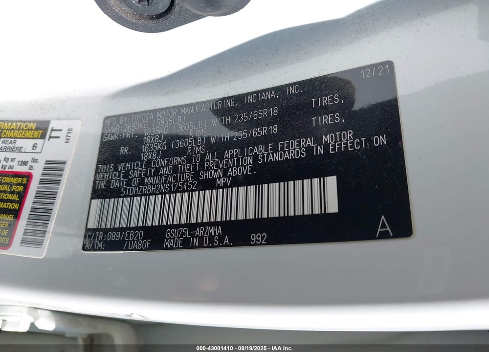 2022 TOYOTA HIGHLANDER VIN: 5TDHZRBH2NS175452