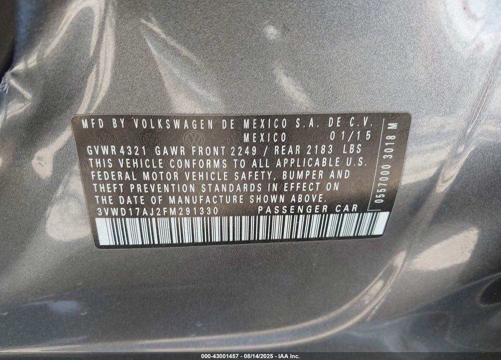 2015 VOLKSWAGEN JETTA VIN: 3VWD17AJ2FM291330