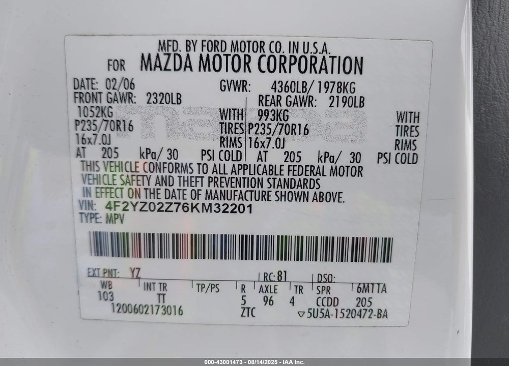 2006 MAZDA TRIBUTE I VIN: 4F2YZ02Z76KM32201