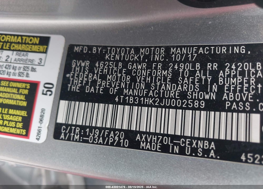 2018 TOYOTA CAMRY HYBRID VIN: 4T1B31HK2JU002589