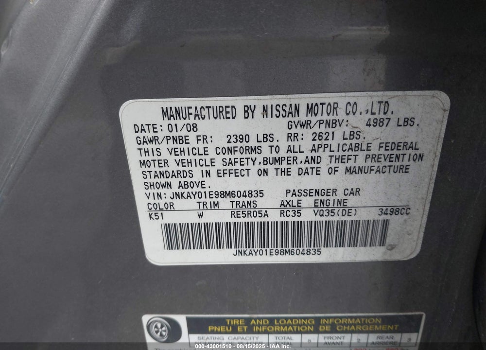 2008 INFINITI M35 VIN: JNKAY01E98M604835