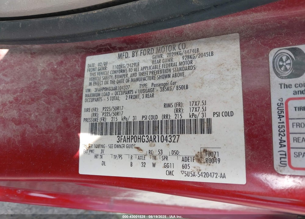 2010 FORD FUSION VIN: 3FAHP0HG3AR104327