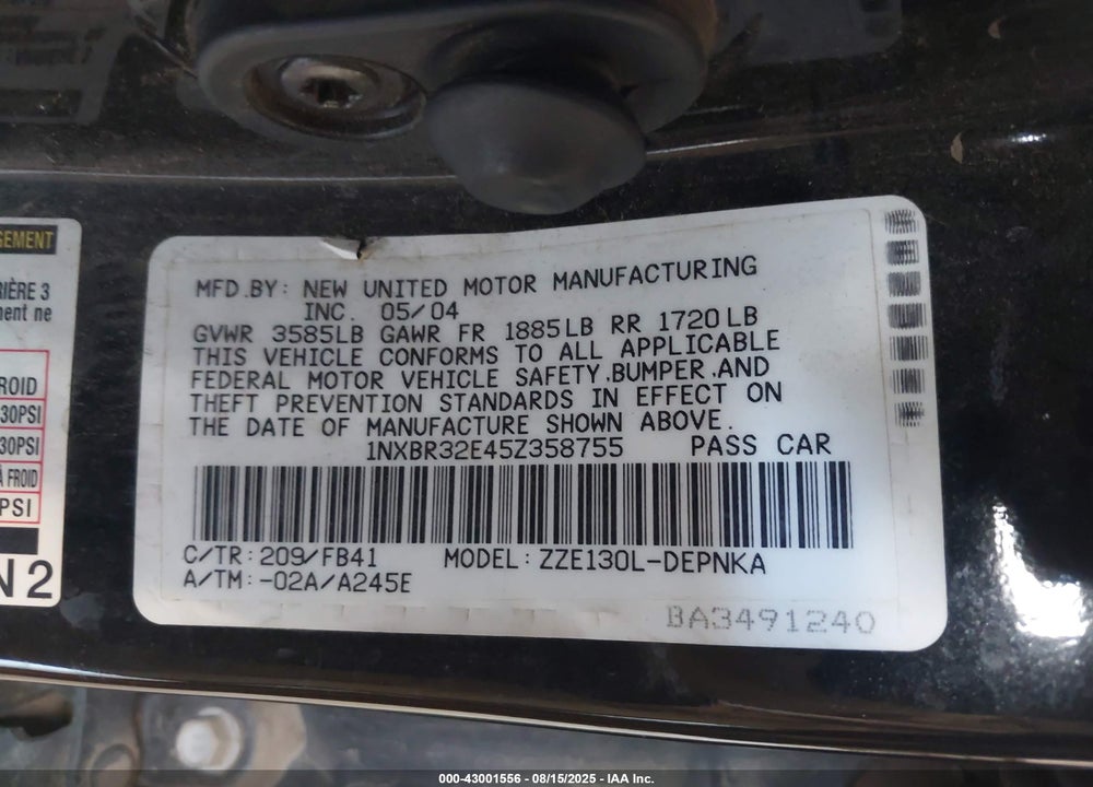 2005 TOYOTA COROLLA LE VIN: 1NXBR32E45Z358755