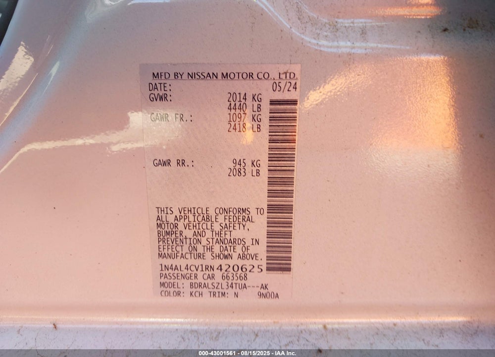 2024 NISSAN ALTIMA SR VC-TURBO FWD VIN: 1N4AL4CV1RN420625